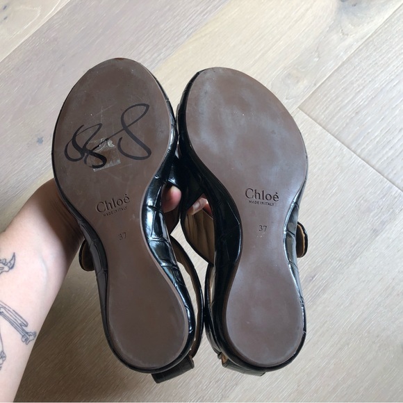 Chloé Leather Croc Embossed Black Brown Sandals - Women’s 6.5 - Picture 14 of 16